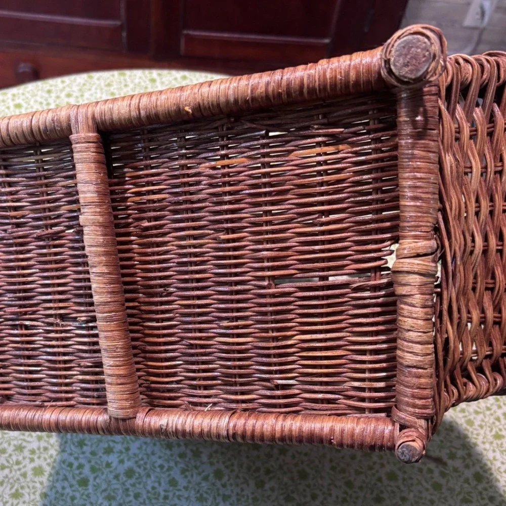 Vintage Woven Wicker Magazine Rack Basket with Handle Brown Rustic Farmhouse